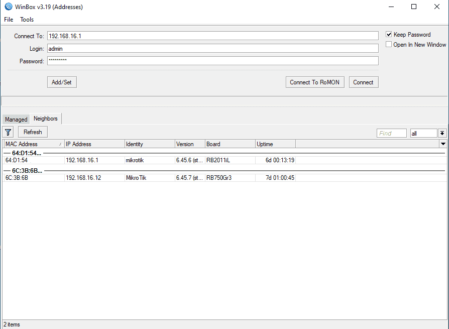 Окно подключений WinBox
